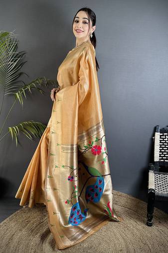peacock & floral motifs gold yellow tissue paithani saree