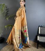peacock & floral motifs gold yellow tissue paithani saree