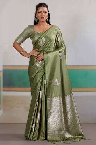 Green new pure satin handloom weaving outfit     premium quality