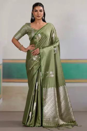Green new pure satin handloom weaving outfit     premium quality