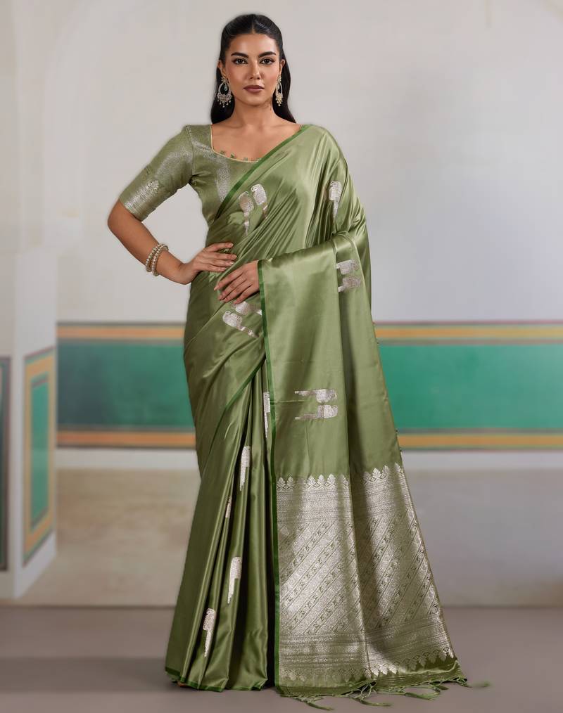 Green new pure satin handloom weaving outfit     premium quality