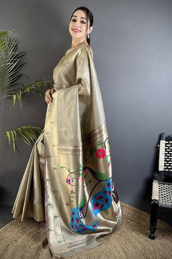 peacock & floral motifs beige tissue paithani saree