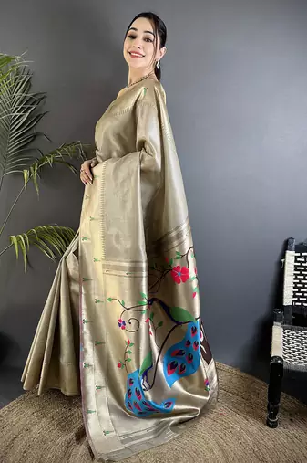 peacock & floral motifs beige tissue paithani saree