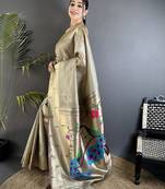peacock & floral motifs beige tissue paithani saree