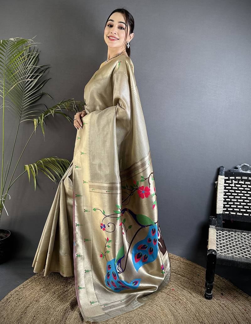 peacock & floral motifs beige tissue paithani saree