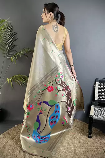 peacock & floral motifs beige tissue paithani saree