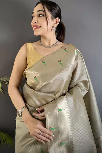 peacock & floral motifs beige tissue paithani saree