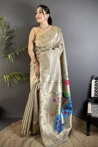peacock & floral motifs beige tissue paithani saree