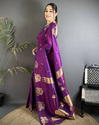 motifs zari weaving purple soft silk blend banarasi saree 1