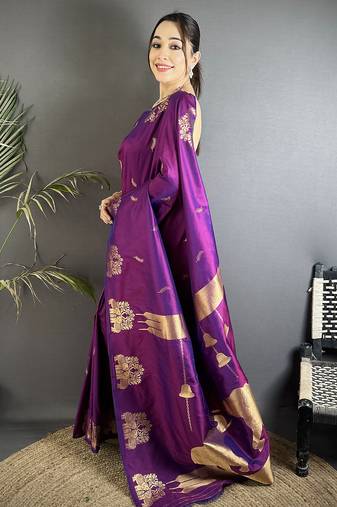 motifs zari weaving purple soft silk banarasi saree
