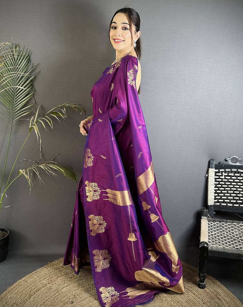 motifs zari weaving purple soft silk banarasi saree