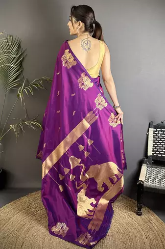 motifs zari weaving purple soft silk banarasi saree