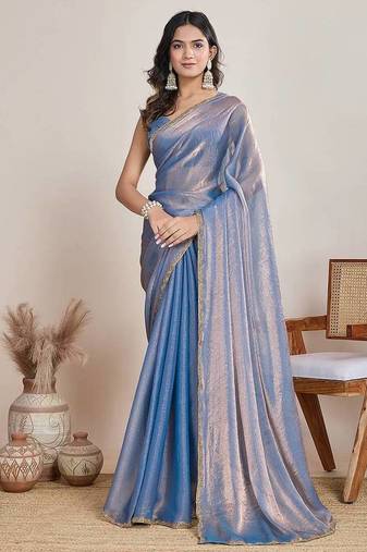 Light Blue Color Fendy Chiffon Saree With Running Blouse