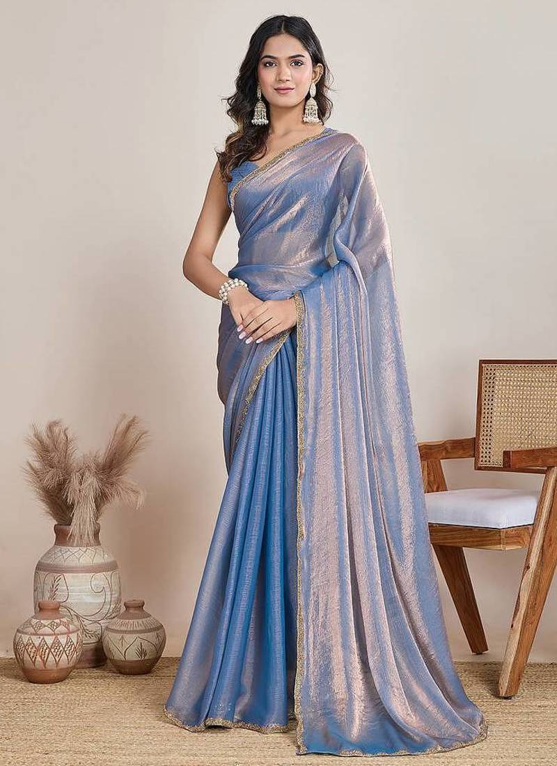 Light Blue Color Fendy Chiffon Saree With Running Blouse