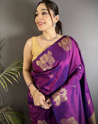 motifs zari weaving purple soft silk blend banarasi saree 3