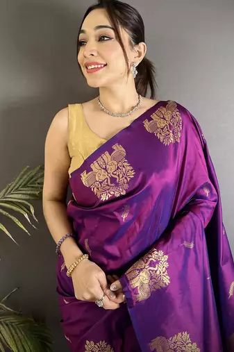 motifs zari weaving purple soft silk banarasi saree