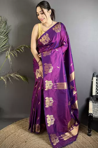 motifs zari weaving purple soft silk banarasi saree