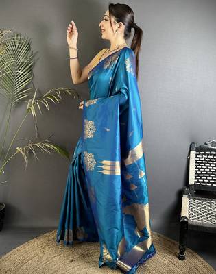 motifs zari weaving blue soft silk blend banarasi saree 1