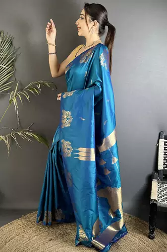 motifs zari weaving blue soft silk banarasi saree