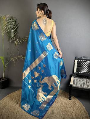 motifs zari weaving blue soft silk blend banarasi saree 2