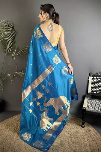 motifs zari weaving blue soft silk banarasi saree