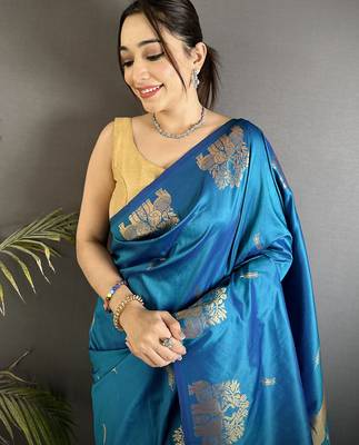motifs zari weaving blue soft silk blend banarasi saree 3