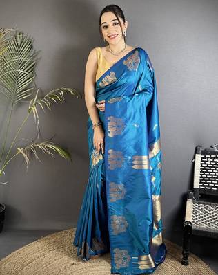 motifs zari weaving blue soft silk blend banarasi saree 5