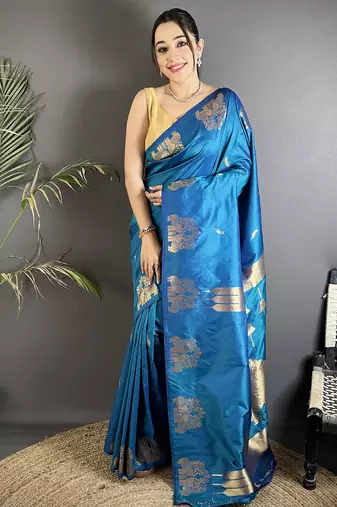 motifs zari weaving blue soft silk banarasi saree