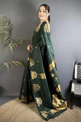motifs zari weaving bottle green soft silk banarasi saree