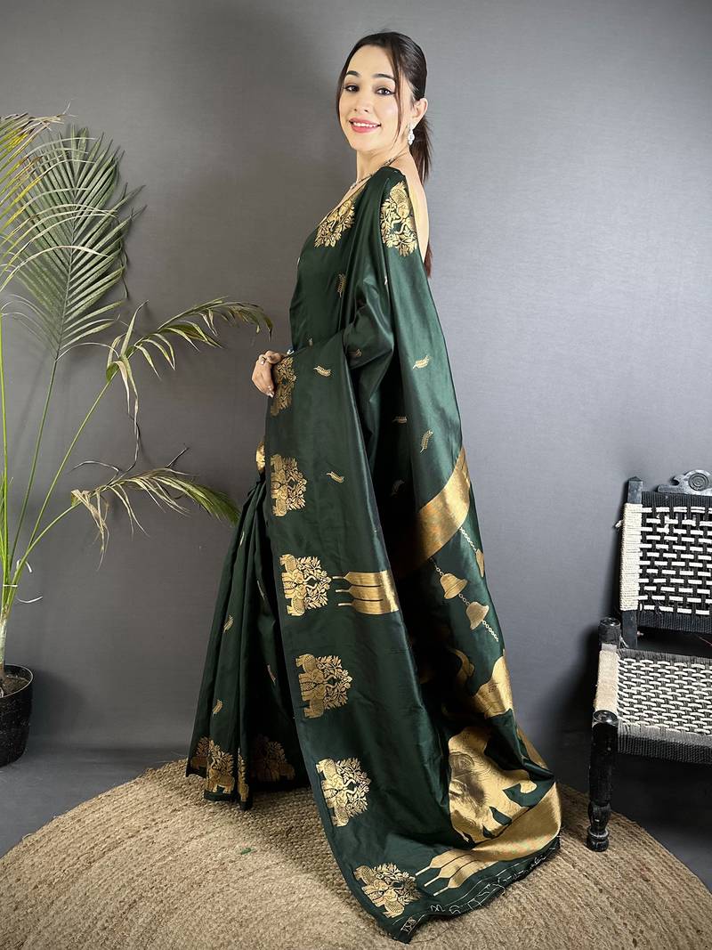 motifs zari weaving bottle green soft silk banarasi saree