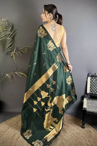 motifs zari weaving bottle green soft silk banarasi saree