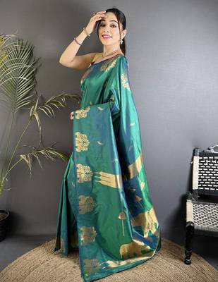 motifs zari weaving dark teal soft silk blend banarasi saree 1