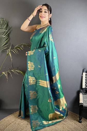 motifs zari weaving dark teal soft silk banarasi saree