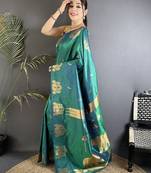 motifs zari weaving dark teal soft silk banarasi saree