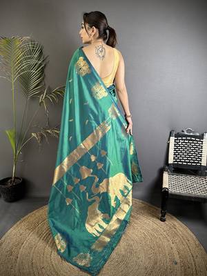 motifs zari weaving dark teal soft silk blend banarasi saree 2