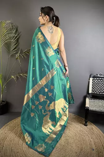 motifs zari weaving dark teal soft silk banarasi saree