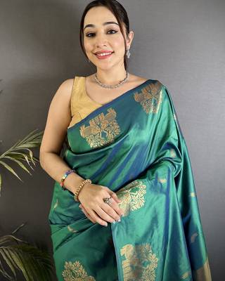 motifs zari weaving dark teal soft silk blend banarasi saree 3
