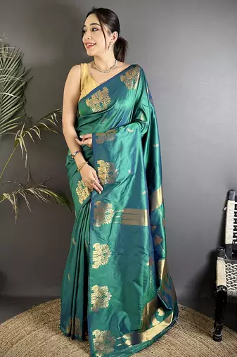 motifs zari weaving dark teal soft silk banarasi saree