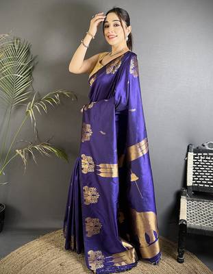 motifs zari weaving violet soft silk blend banarasi saree 1