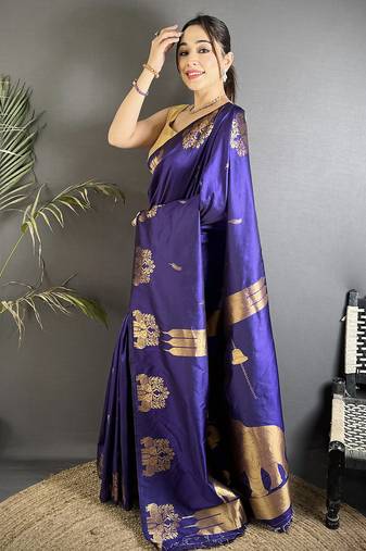 motifs zari weaving violet soft silk banarasi saree
