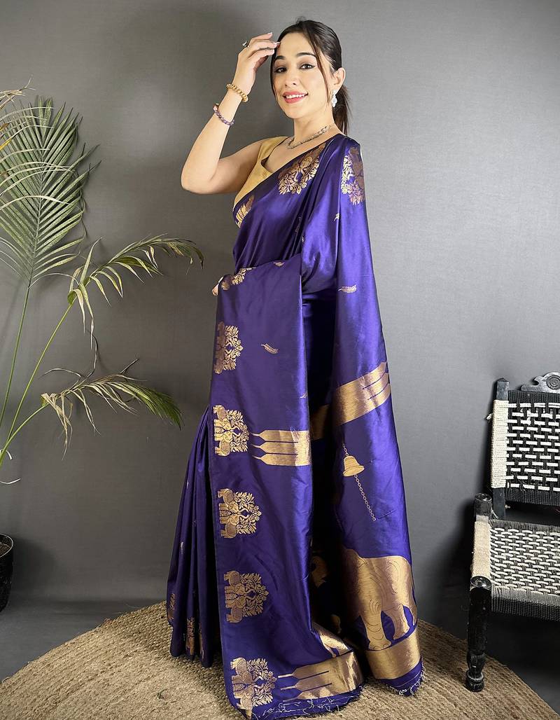 motifs zari weaving violet soft silk banarasi saree