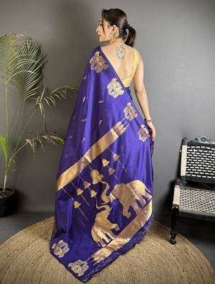 motifs zari weaving violet soft silk blend banarasi saree 2