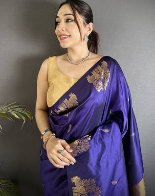 motifs zari weaving violet soft silk blend banarasi saree 3