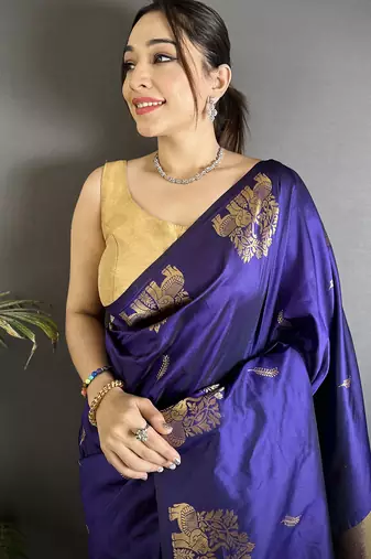motifs zari weaving violet soft silk banarasi saree
