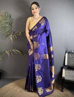 motifs zari weaving violet soft silk blend banarasi saree 5