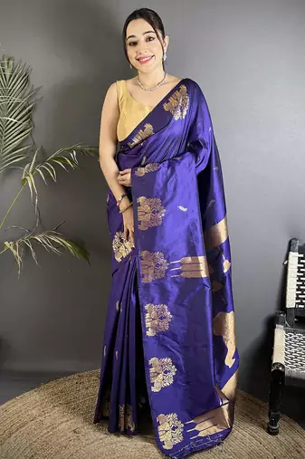 motifs zari weaving violet soft silk banarasi saree