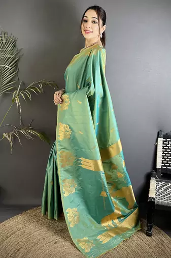 motifs zari weaving seagreen soft silk banarasi saree