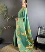 motifs zari weaving seagreen soft silk banarasi saree