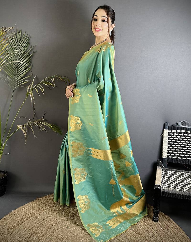 motifs zari weaving seagreen soft silk banarasi saree