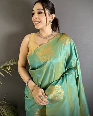 motifs zari weaving seagreen soft silk blend banarasi saree 3